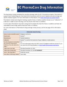 B.C. PharmaCare Drug Information Sheet for drug generic name (BRAND NAME)