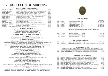 - MALLTAILS & SPRITZALL at least 50ml measures Elderflower Collins Martin Miller’s Gin, Elderflower & lemon The Cherry Picker Morello Cherries, Cranberry, Cherry Heering & Vanilla Son of a Peach