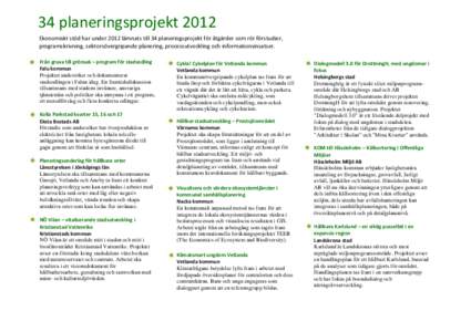 34 planeringsprojekt 2012 Ekonomiskt stöd har under 2012 lämnats till 34 planeringsprojekt för åtgärder som rör förstudier, programskrivning, sektorsövergripande planering, processutveckling och informationsinsat