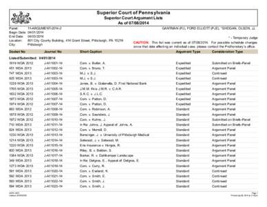 Superior Court of Pennsylvania Superior Court Argument Lists As of[removed]Panel: Begin Date: End Date: