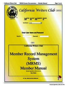 California Writers Club  MRMS System Documentation — Member Manual. Page: 1 (of 4)