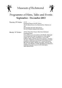 Museum of Richmond Programme of Films, Talks and Events September - December 2013
