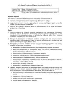 Job Specification of Dean (Academic Affairs) Position Title Place of work Term  Dean of Academic Affairs