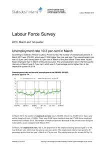 Labour MarketLabour Force Survey 2015, March and 1st quarter  Unemployment rate 10.3 per cent in March