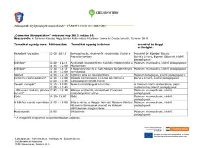 „Sárospataki Gyűjtemények  mindenkinek” TÁMOPB „Comenius Sárospatakon” múzeumi napmájus 10. Résztvevők: A Túrkevei Kaszap Nagy István Református Általános Iskola és Óv
