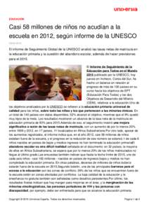 EDUCACIÓN  Casi 58 millones de niños no acudían a la escuela en 2012, según informe de la UNESCO