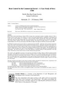 Re nt Cont ro l in t he Comme rc ial Se c tor – A Case St udy of Suva CB D Pacific Rim Real Estate Society Annual Conference  Adelaide, 21 – 24 January 2001