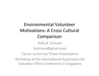 Environmental Volunteer Motivations: A Cross Cultural Comparison Kelly B. Schnare [removed] Tainan University Thesis Presentation