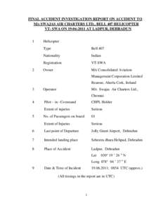 FINAL ACCIDENT INVESTIGATION REPORT ON ACCIDENT TO M/s SWAJAS AIR CHARTERS LTD., BELL 407 HELICOPTER VT- SWA ONAT LADPUR, DEHRADUN 1  2