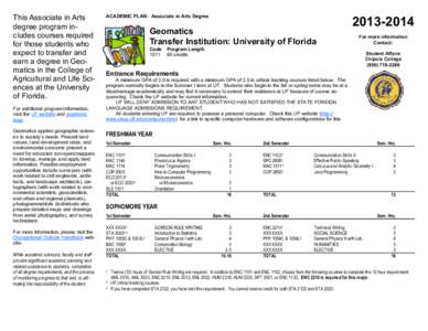 This Associate in Arts degree program includes courses required for those students who expect to transfer and earn a degree in Geomatics in the College of Agricultural and Life Sciences at the University