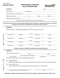 71A101MOTOR VEHICLE USAGE TAX MULTI-PURPOSE FORM  Commonwealth of Kentucky