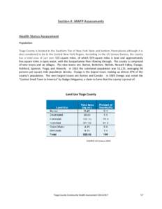 Section 4: MAPP Assessments  Health Status Assessment Population Tioga County is located in the Southern Tier of New York State and borders Pennsylvania although it is also considered to be in the Central New York Region