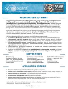 ACCELERATOR FACT SHEET Springboard Enterprises Australia (SBE Australia) is an annual accelerator for women-led businesses seeking equity investments & strategic partnerships for growth. SBE Australia is a program licens