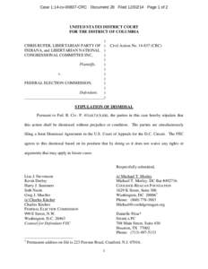 Case 1:14-cv[removed]CRC Document 28 Filed[removed]Page 1 of 2  UNITED STATES DISTRICT COURT FOR THE DISTRICT OF COLUMBIA ) CHRIS RUFER, LIBERTARIAN PARTY OF )