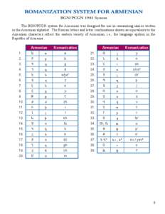 ROMANIZATION SYSTEM FOR ARMENIAN BGN/PCGN 1981 System The BGN/PCGN system for Armenian was designed for use in romanizing names written in the Armenian alphabet. The Roman letters and letter combinations shown as equival