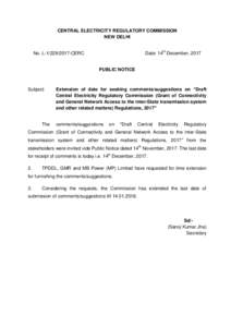 CENTRAL ELECTRICITY REGULATORY COMMISSION NEW DELHI Date: 14th December, 2017 No. LCERC
