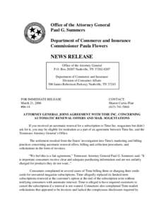 Office of the Attorney General Paul G. Summers Department of Commerce and Insurance Commissioner Paula Flowers  NEWS RELEASE