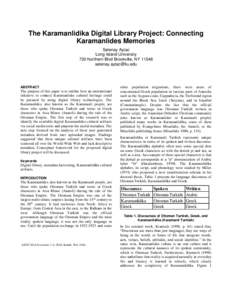 The Karamanlidika Digital Library Project: Connecting Karamanlides Memories Selenay Aytac Long Island University 720 Northern Blvd Brookville, NY[removed]removed]