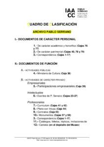 CUADRO DE CLASIFICACIÓN ARCHIVO PABLO SERRANO I.- DOCUMENTOS DE CARÁCTER PERSONAL 1.- De carácter académico y honorífico (Cajas 76 yDe carácter patrimonial (Cajas 40, 78 y 79)