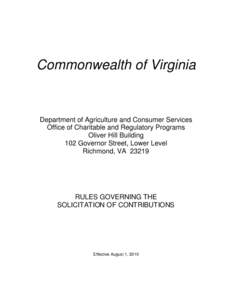 Commonwealth of Virginia  Department of Agriculture and Consumer Services Office of Charitable and Regulatory Programs Oliver Hill Building 102 Governor Street, Lower Level