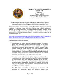 INFORMATIONAL MEMORANDUM OIR-10-5M ISSUED August 4, 2010 Florida Office of Insurance Regulation Kevin M. McCarty, Commissioner