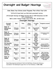 Oversight and Budget Hearings Come Share Your Stories about Programs That Affect Your Life! Tell the DC Council what you think about government services. All Oversight Hearings and Budget hearings held at 1350 Pennsylvan