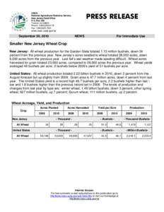 PRESS RELEASE  USDA, National Agricultural Statistics Service, New Jersey Field Office P.O. Box 330