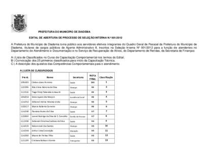 PREFEITURA DO MUNICÍPIO DE DIADEMA EDITAL DE ABERTURA DE PROCESSO DE SELEÇÃO INTERNA N.º A Prefeitura do Município de Diadema torna público aos servidores efetivos integrantes do Quadro Geral de Pessoal da