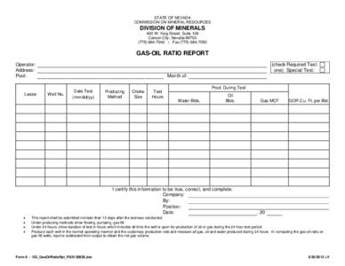 STATE OF NEVADA COMMISSION ON MINERAL RESOURCES DIVISION OF MINERALS 400 W. King Street, Suite 106 Carson City, Nevada 89703