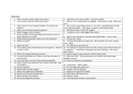 Mitsuku 1. Hello, my name is Adam, what is your name? 2. I live in Exeter in the UK. Where do you live? 3. I like to listen to music and play football. Do you have any hobbies? 4. What is your favourite television progra