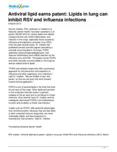 Antiviral lipid earns patent: Lipids in lung can inhibit RSV and influenza infections