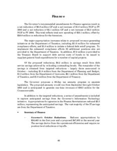 Finance The Governor’s recommended amendments for Finance agencies result in a net reduction of $6.8 million GF and a net increase of $1.0 million NGF in FY 2003 and a net reduction of $2.1 million GF and a net increas