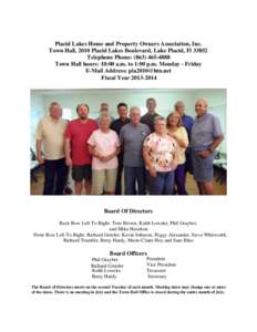 Placid Lakes Home and Property Owners Association, Inc. Town Hall, 2010 Placid Lakes Boulevard, Lake Placid, Fl[removed]Telephone Phone: ([removed]Town Hall hours: 10:00 a.m. to 1:00 p.m. Monday - Friday E-Mail Addres