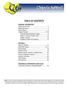 Chipola Softball TABLE OF CONTENTS GENERAL INFORMATION Chipola Quick Facts ................................................. 4 Media Information..................................................... 4 About Chipola ......