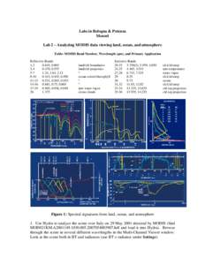 Labs in Bologna & Potenza Menzel Lab 2 – Analyzing MODIS data viewing land, ocean, and atmosphere Table: MODIS Band Number, Wavelength (m), and Primary Application Reflective Bands 1,2