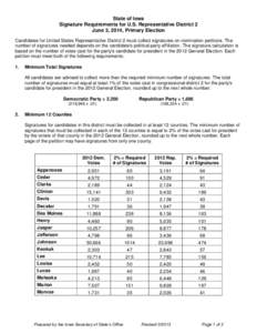 State of Iowa Signature Requirements for U.S. Representative District 2 June 3, 2014, Primary Election Candidates for United States Representative District 2 must collect signatures on nomination petitions. The number of