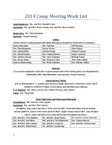 2014 Camp Meeting Work List Camp Registrars: Rev. and Mrs. Randall Crotts Assistants: Rev. and Mrs. Brian Consley, Rev. and Mrs. Byron Haynie Head Usher: Rev. Paul Alexander Assistant: Wayne Fleming Ushers