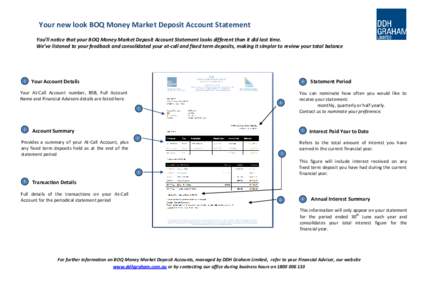 Your new look BOQ Money Market Deposit Account Statement You’ll notice that your BOQ Money Market Deposit Account Statement looks different than it did last time. We’ve listened to your feedback and consolidated your