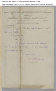 Letter from Oliver Ditson & Co. to Morrison Foster, December 17, 1889 Foster Hall Collection, CAM.FHC[removed], Center for American Music, University of Pittsburgh. Letter from Oliver Ditson & Co. to Morrison Foster, Dec