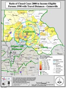 Ratio of Closed Cases 2000 to Income-Eligible Persons 1990 with Travel Distances - Gainesville # # #