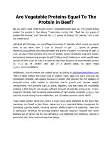 Are Vegetable Proteins Equal To The Protein in Beef? Do you really need meat to get protein? VeganStreet.com says no. The activist group posted this graphic in the Albany Times-Union stating that, “Beef has 6.4 grams o