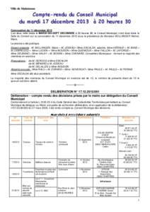 V Viillllee ddee M Maaiinntteennoonn Compte-rendu du Conseil Municipal du mardi 17 décembre 2013 à 20 heures 30