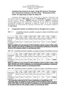 F[removed]C-I/1 STAFF SELECTION COMMISSION Confdl.I/1 Section Combined Recruitment for Asstt. Grade III( General /Technical and Accountant Cadres) in the FCI, 2012- Declaration of the