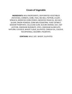 Cream of Vegetable INGREDIENTS: MILK INGREDIENTS, DEHYDRATED VEGETABLES (POTATOES, CARROTS, CORN, PEAS, RED BELL PEPPERS, CELERY, SPINACH), MODIFIED CORN STARCH, MODIFIED PALM OIL, SEA SALT, SUGAR, ONION POWDER, CORN MAL