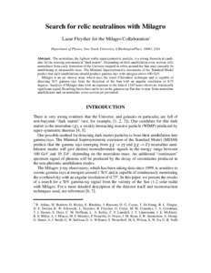 Search for relic neutralinos with Milagro Lazar Fleysher for the Milagro Collaboration1 Department of Physics, New Yourk University, 4 WashingtonPlace, 10003, USA Abstract. The neutralino, the lightest stable supersymmet