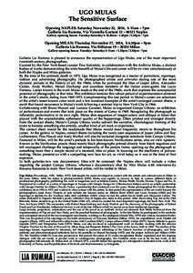 UGO MULAS The Sensitive Surface Opening NAPLES: Saturday November 22, 2014, h 11am – 7pm Galleria Lia Rumma, Via Vannella Gaetani 12 – 80121 Naples Gallery opening hours: Tuesday-Saturday h 10.30am - 1.30pm / 2.30pm 