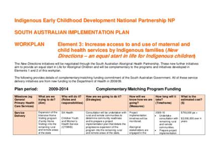 Indigenous Early Childhood Development National Partnership NP SOUTH AUSTRALIAN IMPLEMENTATION PLAN WORKPLAN Element 3: Increase access to and use of maternal and child health services by Indigenous families (New
