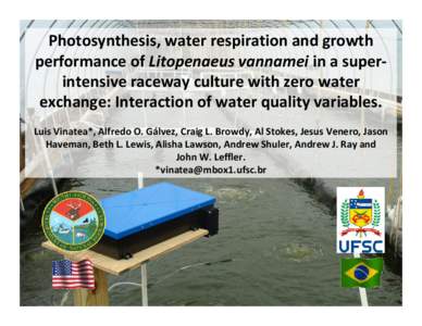 Photosynthesis, water respiration and growth  performance of Litopenaeus vannamei in a super‐ intensive raceway culture with zero water  exchange: Interaction of water quality variables. Luis Vinat