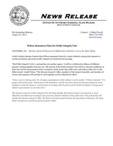 News Release Office Of Attorney General Alan Wilson State of South Carolina For Immediate Release August 22, 2012