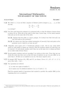 Seniors (Grades 11, 12) International Mathematics TOURNAMENT OF THE TOWNS A-Level Paper